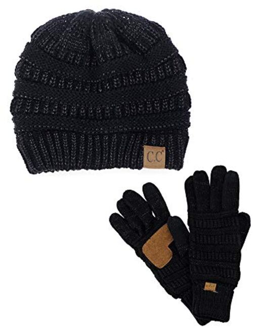 C.C Unisex Soft Stretch Cable Knit Beanie and Anti-Slip Touchscreen Gloves 2 Pc Set 2 Pc Set