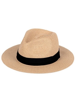 Anycosy Panama Straw Hats,Womens Sun Hat Summer Wide Brim Floppy Fedora Beach Cap UPF50+