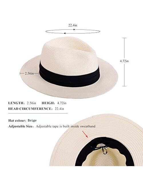 Anycosy Panama Straw Hats,Womens Sun Hat Summer Wide Brim Floppy Fedora Beach Cap UPF50+