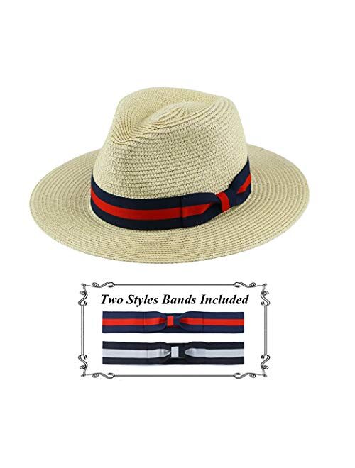 Anycosy Panama Straw Hats,Womens Sun Hat Summer Wide Brim Floppy Fedora Beach Cap UPF50+