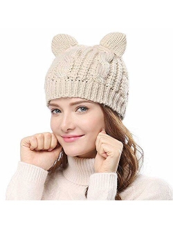 Cocobla Women's Hat Cat Ear Crochet Braided Knit Caps with Punk 3D Cat Stud Earring