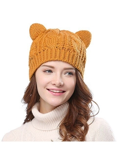 Cocobla Women's Hat Cat Ear Crochet Braided Knit Caps with Punk 3D Cat Stud Earring