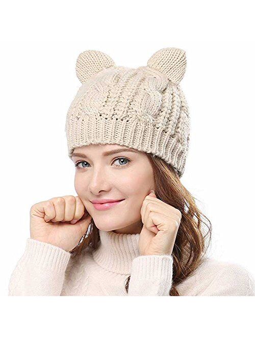 Cocobla Women's Hat Cat Ear Crochet Braided Knit Caps with Punk 3D Cat Stud Earring