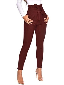 Ohvera Women's All Occasions Paper Bag Waist Pants Trousers with Tie Pockets