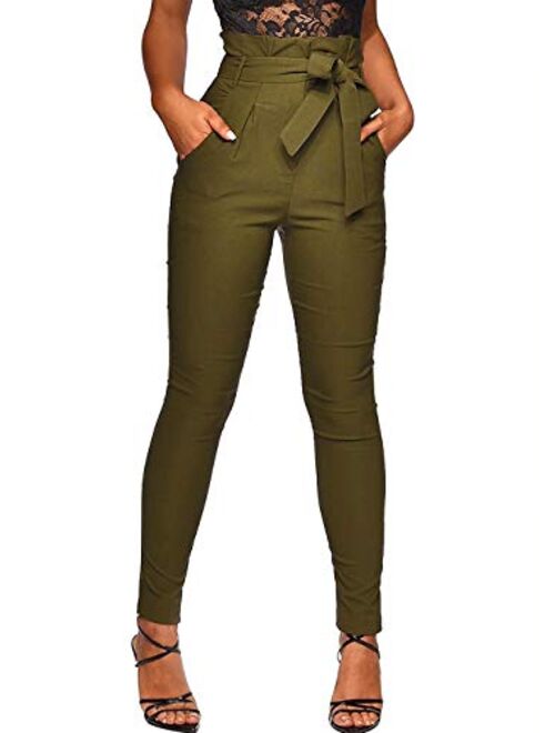 Ohvera Women's All Occasions Paper Bag Waist Pants Trousers with Tie Pockets