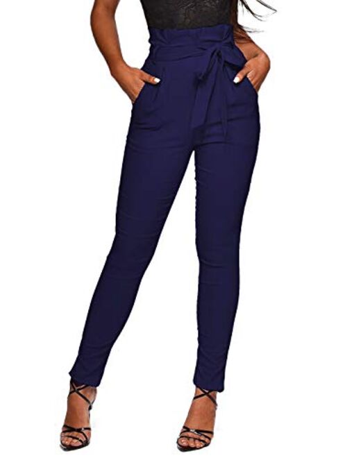 Ohvera Women's All Occasions Paper Bag Waist Pants Trousers with Tie Pockets