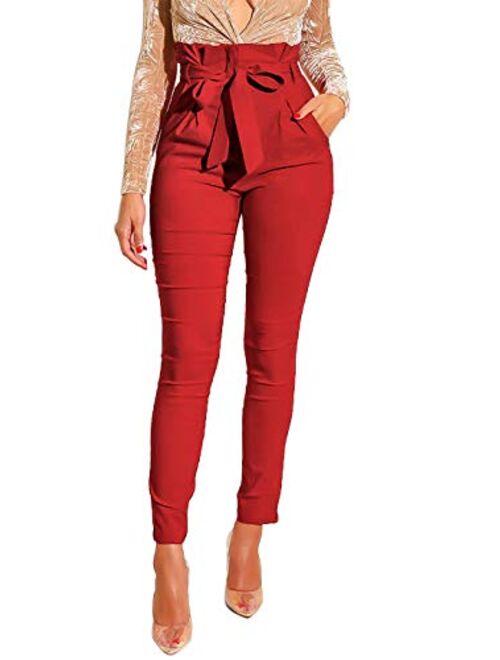 Ohvera Women's All Occasions Paper Bag Waist Pants Trousers with Tie Pockets