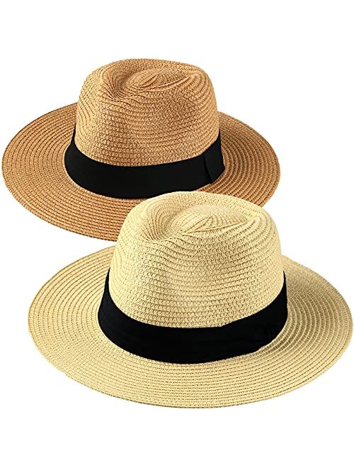 2-Pack Beach Hats for Women Summer Straw Sun Hat Wide Brim Panama Hats Roll Up