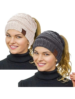 Rosoz Ponytail Beanie for Women,Winter Warm Beanie Tail Soft Stretch Cable Knit Messy High Bun Hat