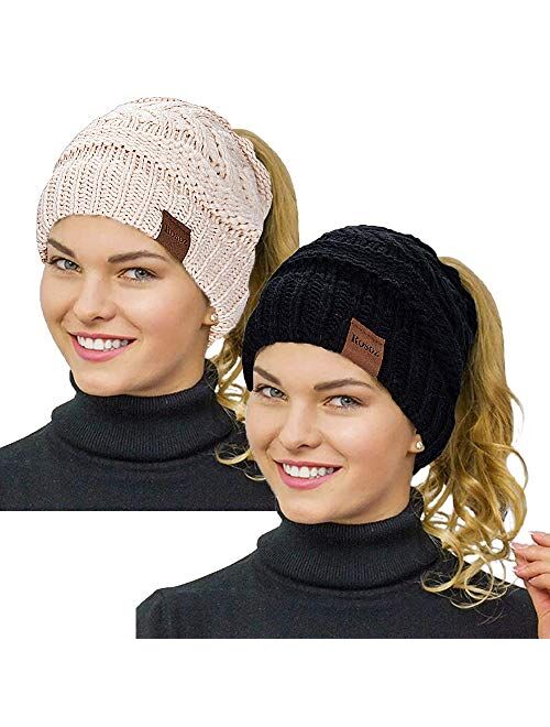 Rosoz Ponytail Beanie for Women,Winter Warm Beanie Tail Soft Stretch Cable Knit Messy High Bun Hat