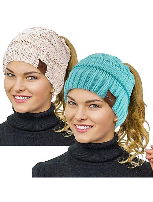 Rosoz Ponytail Beanie for Women,Winter Warm Beanie Tail Soft Stretch Cable Knit Messy High Bun Hat