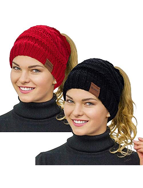 Rosoz Ponytail Beanie for Women,Winter Warm Beanie Tail Soft Stretch Cable Knit Messy High Bun Hat