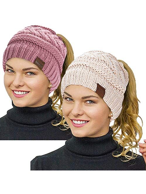 Rosoz Ponytail Beanie for Women,Winter Warm Beanie Tail Soft Stretch Cable Knit Messy High Bun Hat