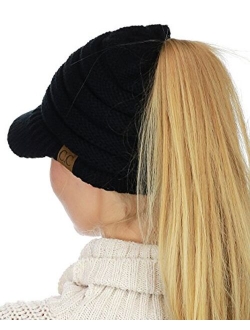 C.C BeanieTail Warm Knit Messy High Bun Ponytail Visor Beanie Cap