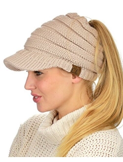 C.C BeanieTail Warm Knit Messy High Bun Ponytail Visor Beanie Cap