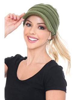 C.C BeanieTail Warm Knit Messy High Bun Ponytail Visor Beanie Cap