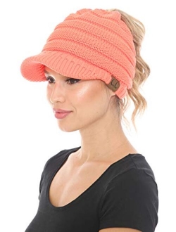 C.C BeanieTail Warm Knit Messy High Bun Ponytail Visor Beanie Cap