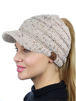 C.C BeanieTail Warm Knit Messy High Bun Ponytail Visor Beanie Cap