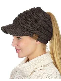 C.C BeanieTail Warm Knit Messy High Bun Ponytail Visor Beanie Cap