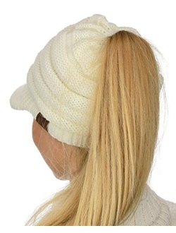 C.C BeanieTail Warm Knit Messy High Bun Ponytail Visor Beanie Cap