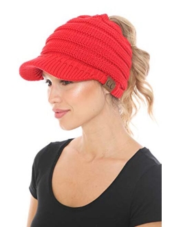 C.C BeanieTail Warm Knit Messy High Bun Ponytail Visor Beanie Cap