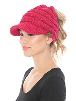 C.C BeanieTail Warm Knit Messy High Bun Ponytail Visor Beanie Cap