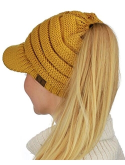 C.C BeanieTail Warm Knit Messy High Bun Ponytail Visor Beanie Cap