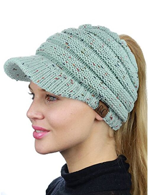 C.C BeanieTail Warm Knit Messy High Bun Ponytail Visor Beanie Cap