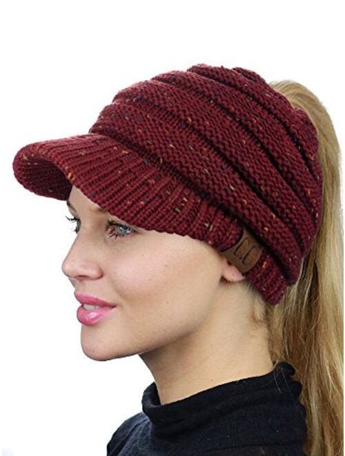 C.C BeanieTail Warm Knit Messy High Bun Ponytail Visor Beanie Cap