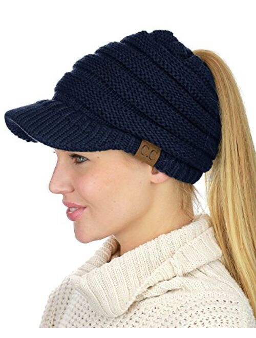 C.C BeanieTail Warm Knit Messy High Bun Ponytail Visor Beanie Cap