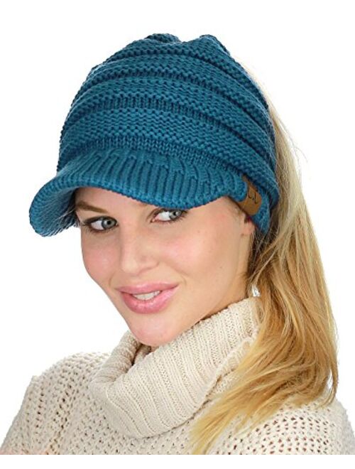 C.C BeanieTail Warm Knit Messy High Bun Ponytail Visor Beanie Cap