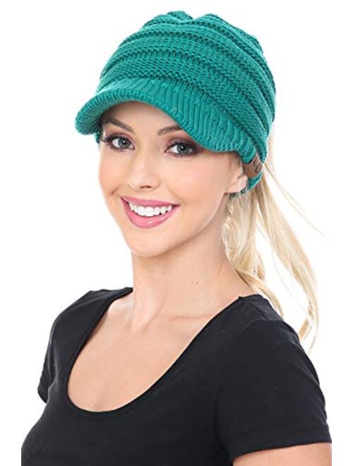 C.C BeanieTail Warm Knit Messy High Bun Ponytail Visor Beanie Cap