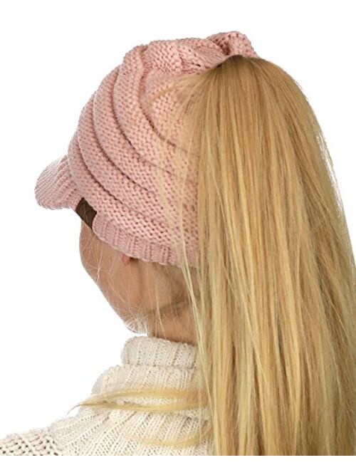 C.C BeanieTail Warm Knit Messy High Bun Ponytail Visor Beanie Cap