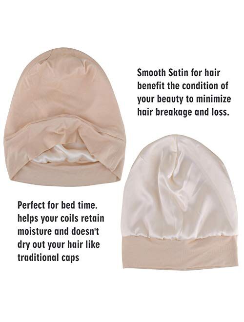 Satin Lined Sleep Cap, 2-Pack Womens Adjustable Silk Lined Slouchy Beanie Hat for Night Sleeping Surgical Patients Hair Care