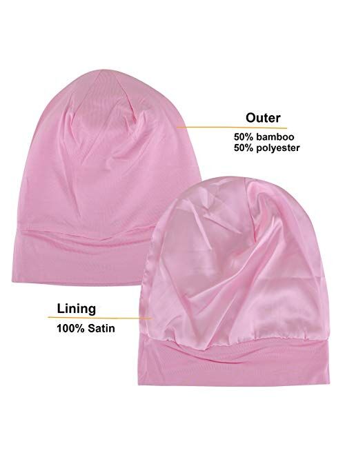 Satin Lined Sleep Cap, 2-Pack Womens Adjustable Silk Lined Slouchy Beanie Hat for Night Sleeping Surgical Patients Hair Care