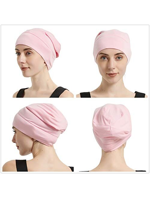 Satin Lined Sleep Cap, 2-Pack Womens Adjustable Silk Lined Slouchy Beanie Hat for Night Sleeping Surgical Patients Hair Care