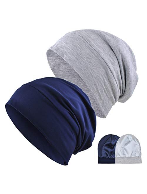 Satin Lined Sleep Cap, 2-Pack Womens Adjustable Silk Lined Slouchy Beanie Hat for Night Sleeping Surgical Patients Hair Care