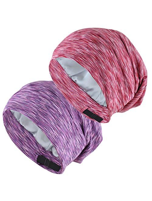 Satin Lined Sleep Cap, 2-Pack Womens Adjustable Silk Lined Slouchy Beanie Hat for Night Sleeping Surgical Patients Hair Care