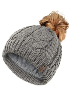 Women Hat Knit Skull Beanie Winter Outdoor Runner Messy Bun Ponytail Cap