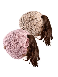 Women Hat Knit Skull Beanie Winter Outdoor Runner Messy Bun Ponytail Cap