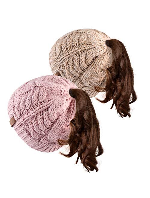 FURTALK Women Hat Knit Skull Beanie Winter Outdoor Runner Messy Bun Ponytail Cap