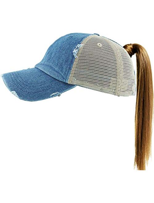 Funky Junque Womens Distressed Baseball Cap Trucker Dad Hat Ponytail Messy Bun Ponycap