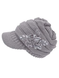 NYKKOLA Women Cable Knit Winter Warm Beanie Hats Newsboy Cap Visor with Sequined Flower