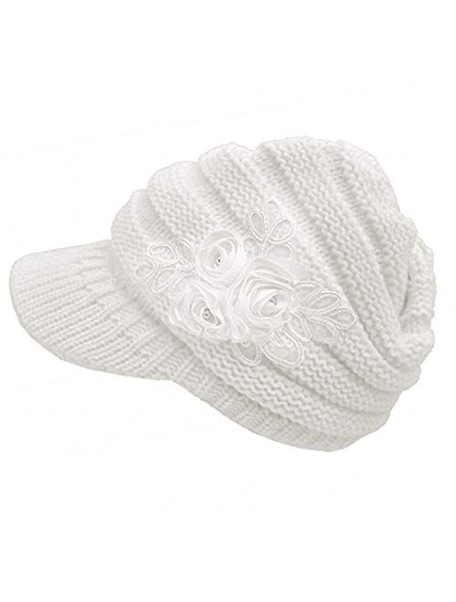 NYKKOLA Women Cable Knit Winter Warm Beanie Hats Newsboy Cap Visor with Sequined Flower