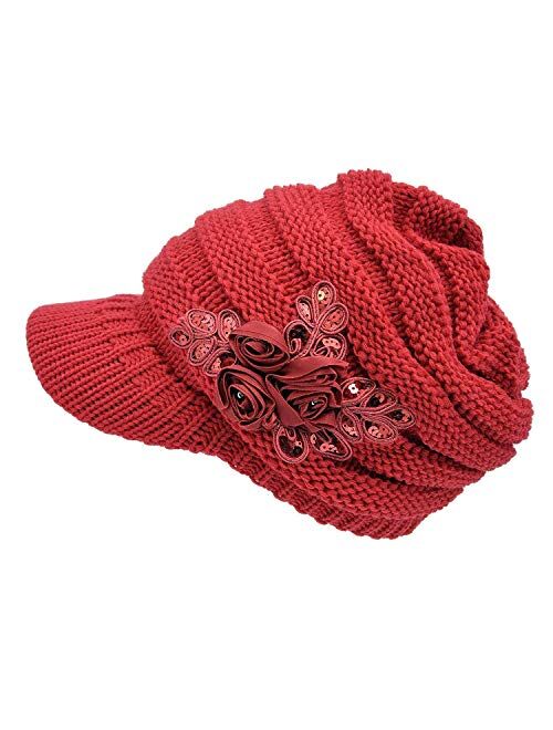 NYKKOLA Women Cable Knit Winter Warm Beanie Hats Newsboy Cap Visor with Sequined Flower