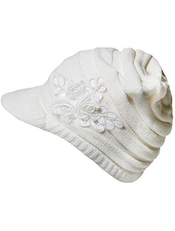 YSense Womens Hats Winter Beanie with Brim Warm Cable Knit Newsboy Cap Visor with Sequined Flower