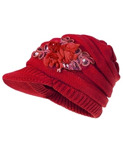 YSense Womens Hats Winter Beanie with Brim Warm Cable Knit Newsboy Cap Visor with Sequined Flower