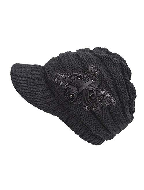 YSense Womens Hats Winter Beanie with Brim Warm Cable Knit Newsboy Cap Visor with Sequined Flower