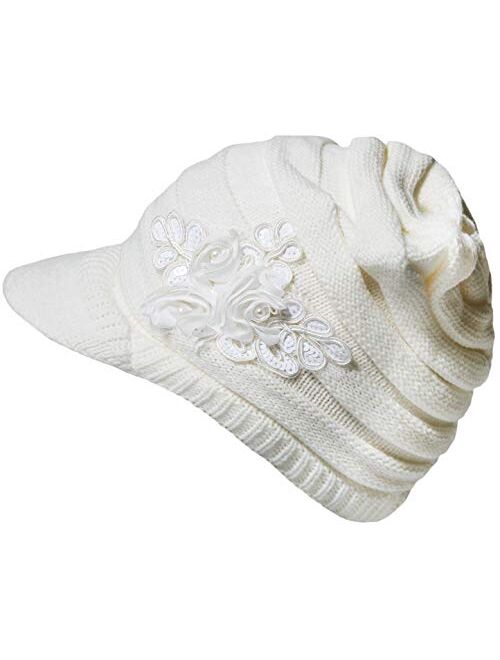 YSense Womens Hats Winter Beanie with Brim Warm Cable Knit Newsboy Cap Visor with Sequined Flower