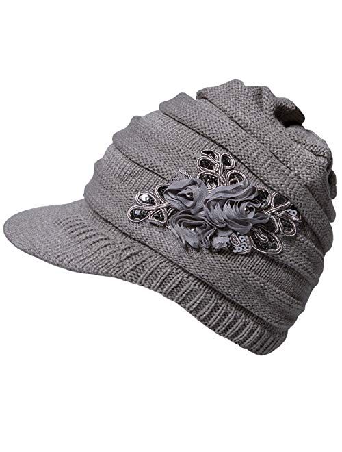 YSense Womens Hats Winter Beanie with Brim Warm Cable Knit Newsboy Cap Visor with Sequined Flower